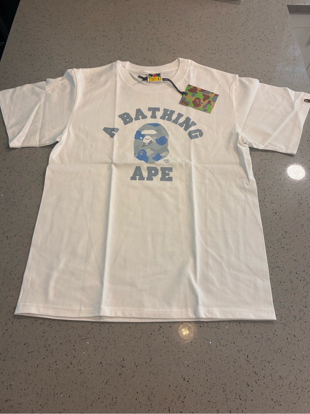 Bape White T-Shirt with Light Blue Camo Ape Logo
